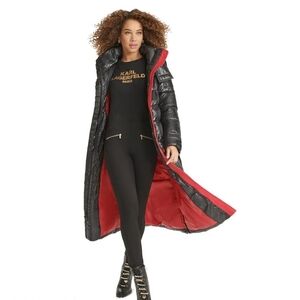 Karl Lagerfeld Women's Black Puffer Coat with Red Lining